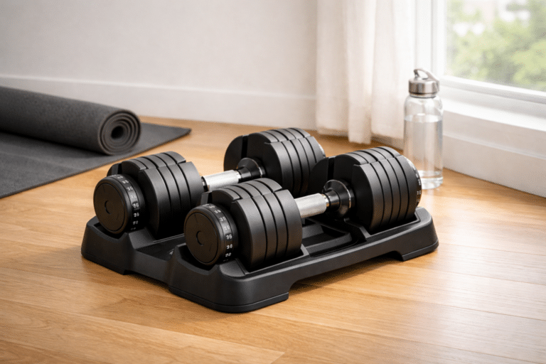 A compact set of modern adjustable dumbbells stored neatly in a bright, organized home gym corner, showcasing space-efficient strength training.
