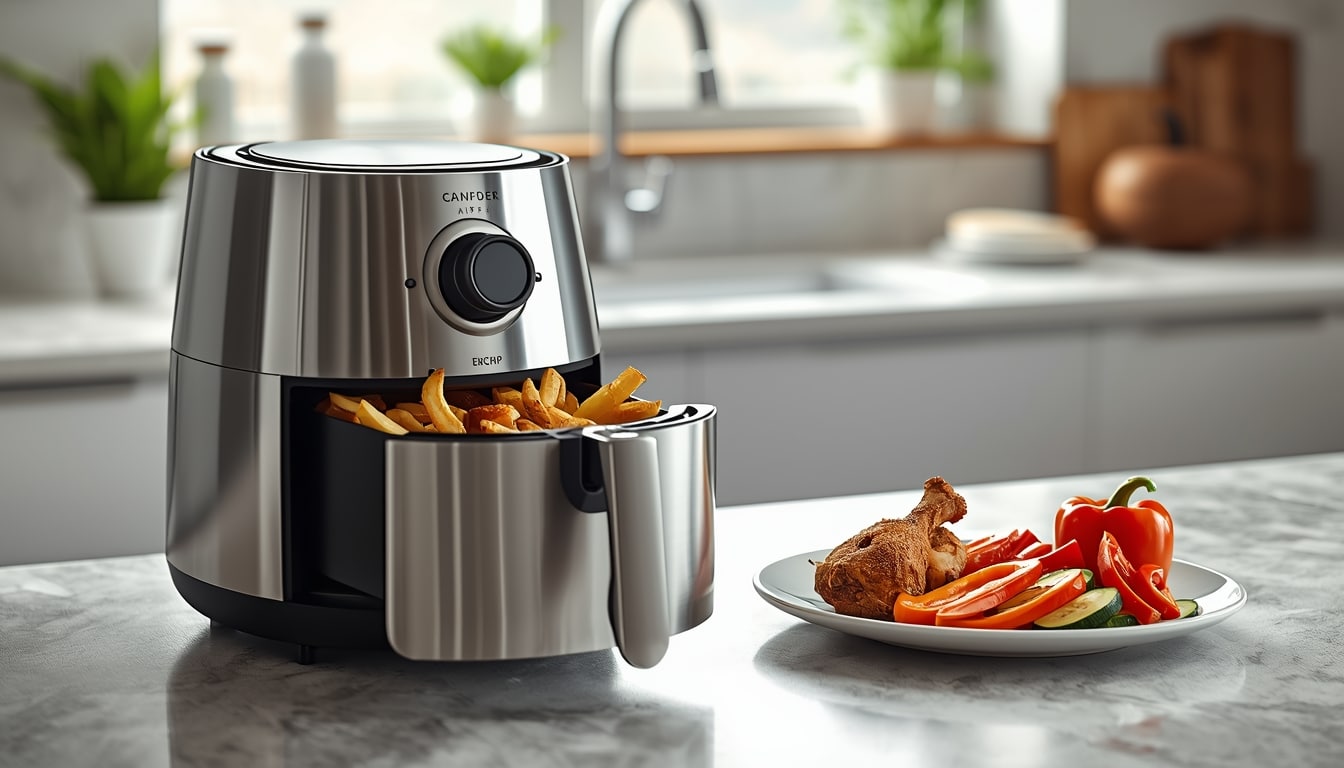 A modern stainless steel air fryer on a kitchen countertop, cooking crispy golden french fries with fresh vegetables like bell peppers, demonstrating healthy frying.