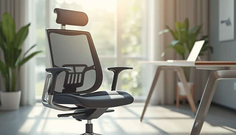 A stylish gray ergonomic office chairs with lumbar support and mesh back in a bright, modern home office setting.