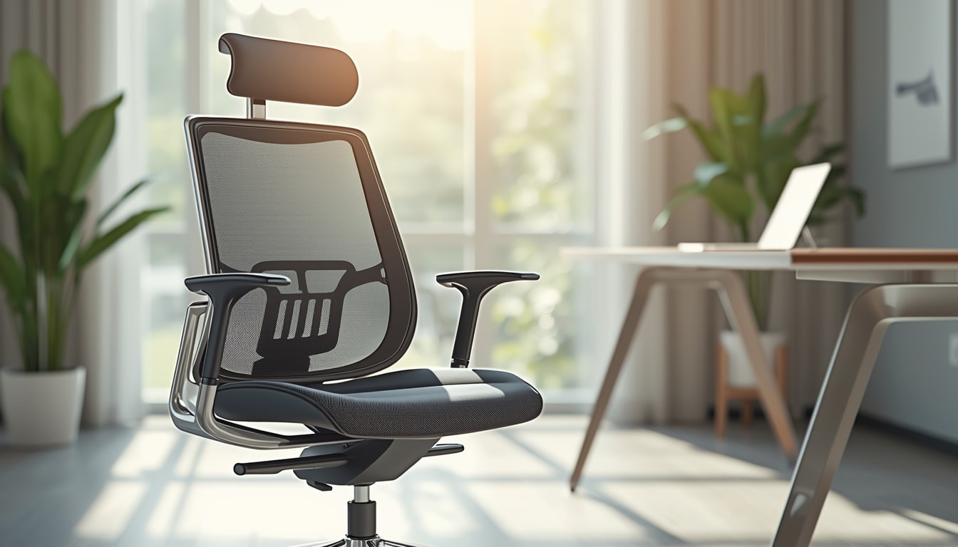 A stylish gray ergonomic office chairs with lumbar support and mesh back in a bright, modern home office setting.