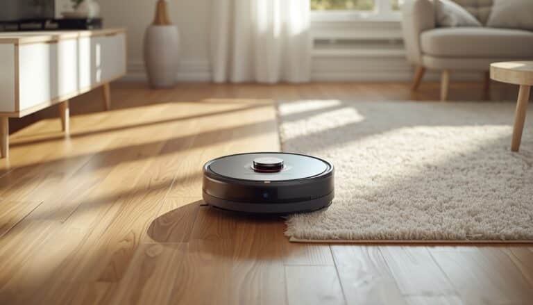 A modern robot vacuum cleaning seamlessly on both a dark hardwood floor and a light-colored plush carpet in a living room.