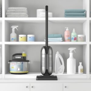 Cleaning supplies and a vacuum cleaner neatly organized on a shelf in a bright, clean home