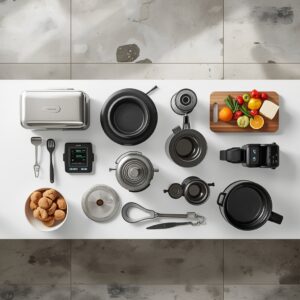 Collection of kitchen appliances arranged on a countertop in a bright, modern kitchen