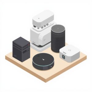 Group of smart home devices displayed on a shelf in a clean, modern home setting