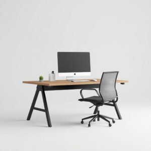 Minimalist modern desk setup with monitor and chair on a clean background