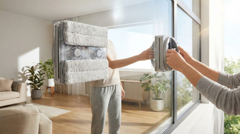 Person using magnetic window cleaner to wash second-story glass without ladder safely from indoors