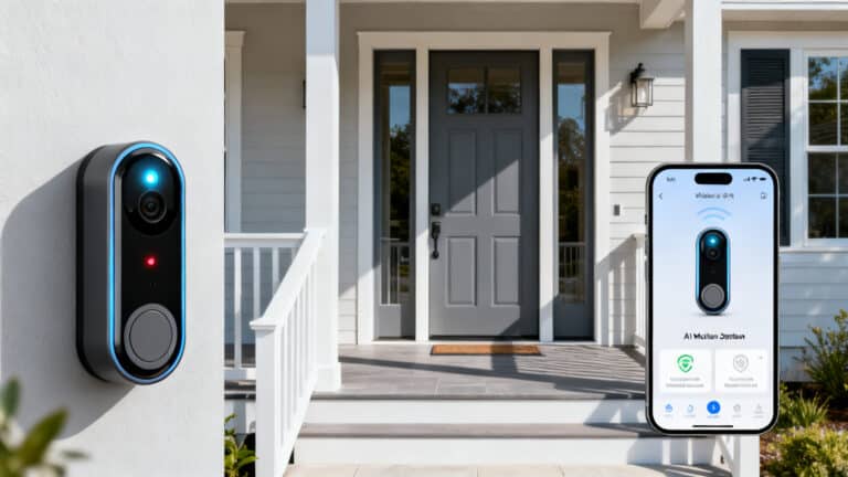 Smart Wi‑Fi video doorbell installed on a modern home front door with AI motion detection, showing smartphone alert app