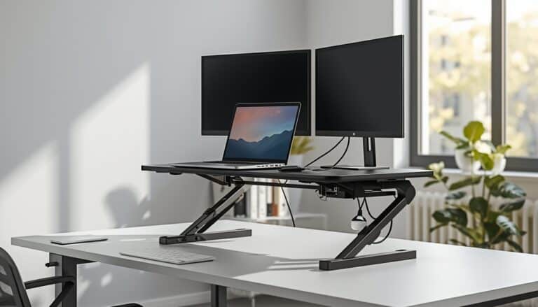 adjustable standing desk converter with usb ports on a modern home office desk