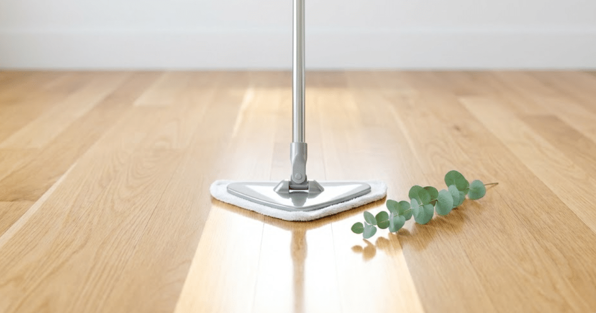 Best microfiber floor mop 2026 standing on reflective hardwood floor with eucalyptus leaf, modern design for deep home cleaning