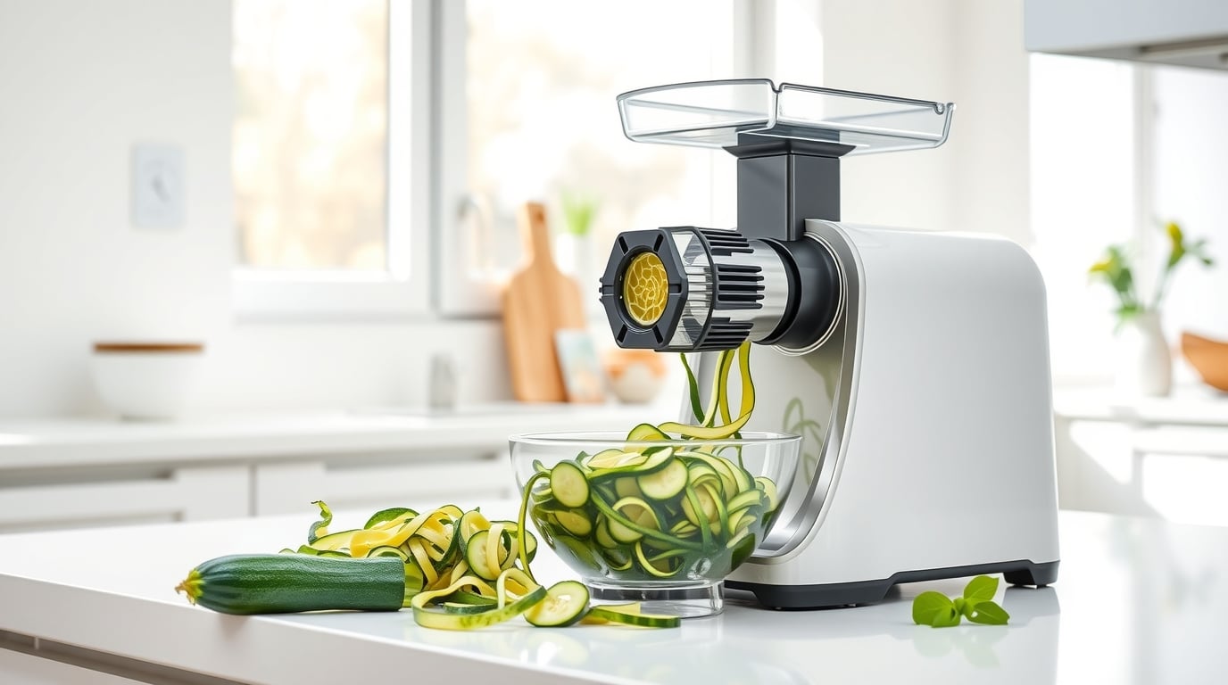 Electric spiralizer and vegetable cutter preparing fresh zucchini noodles on a clean kitchen countertop