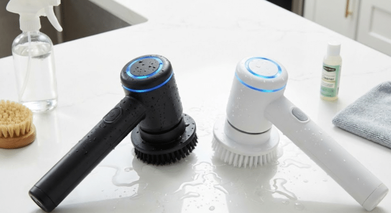 Rechargeable electric spin scrubber with LED light cleaning bathroom tiles