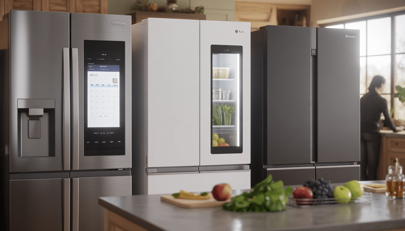 Smart fridge freezer models from Samsung, LG and Hisense displayed side by side on a kitchen counter with fresh groceries