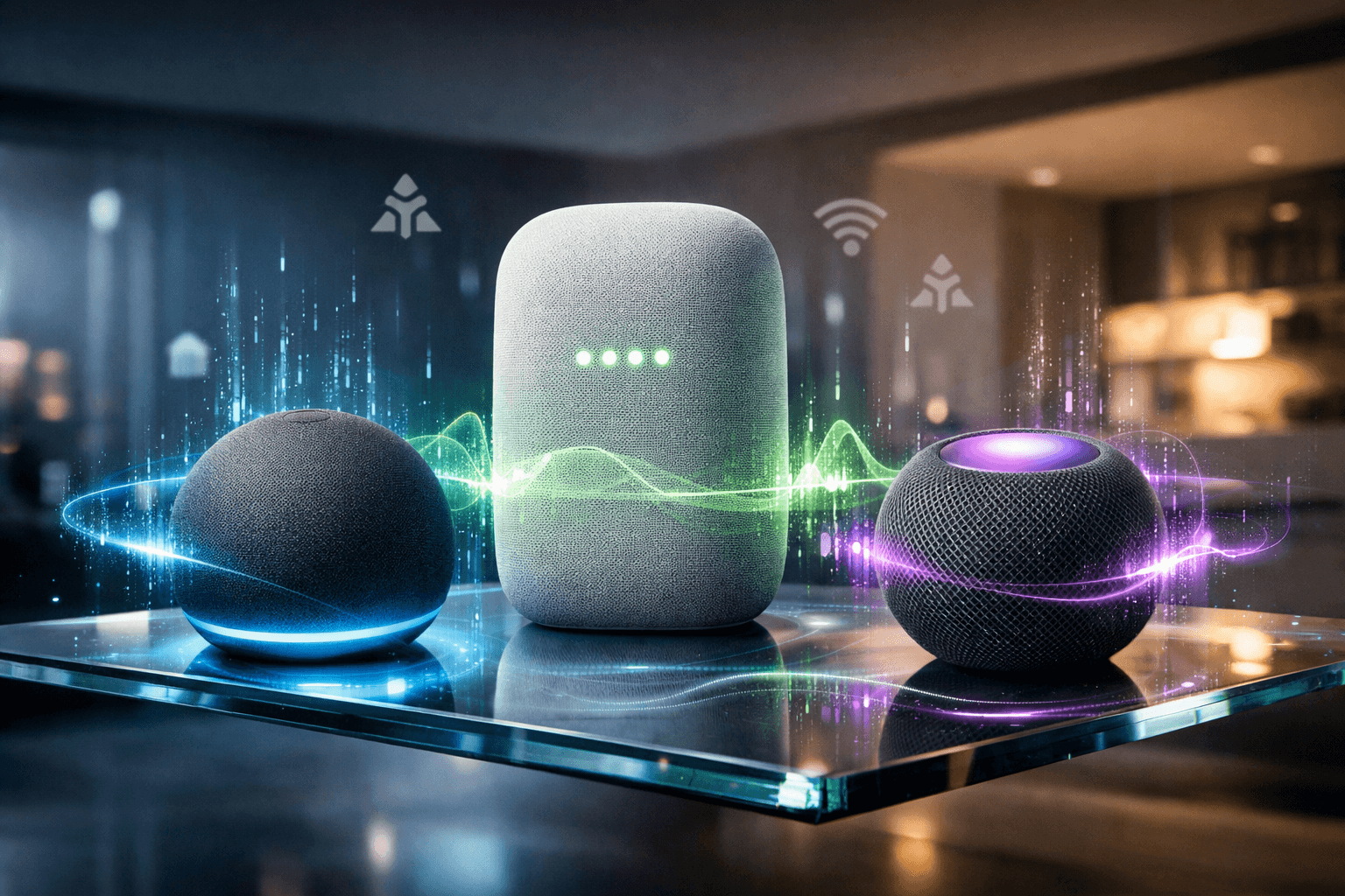 Three next-generation smart assistants displayed on glass surface - Amazon Echo Dot 6th Gen with blue neural glow, Google Nest Audio 2 with green Gemini AI light, and Apple HomePod Mini 3rd Gen with purple Siri aura, representing 2026 voice recognition technology