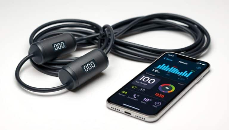 Modern smart jump rope with digital display and calorie tracking features on clean white background