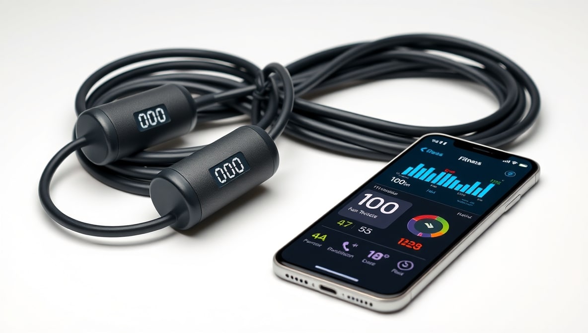 Modern smart jump rope with digital display and calorie tracking features on clean white background