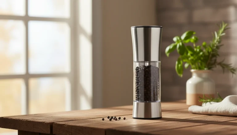 Sleek stainless steel electric pepper grinder on a rustic kitchen table with warm sunlight.