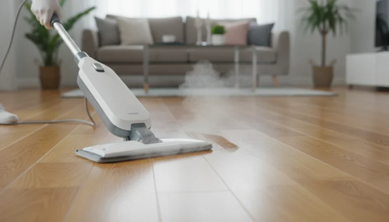 Person performing hardwood flooring steam cleaning on oak wood floors with a modern mop.