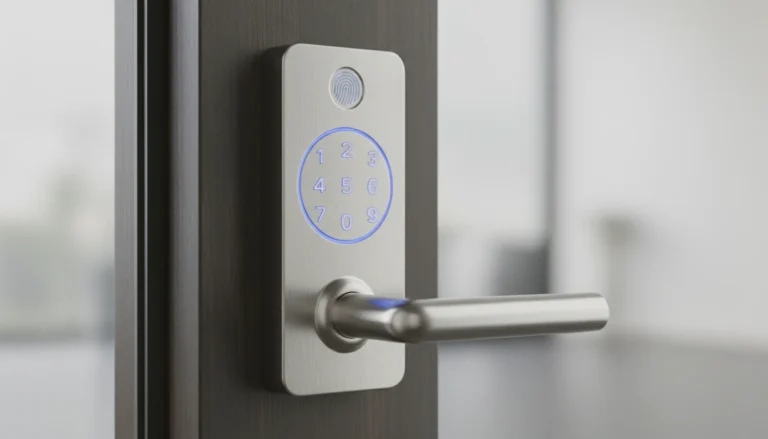 Brushed nickel keypad door locks installed on a sleek wooden door with blue backlit keys.