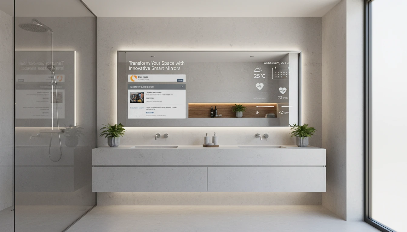 A modern bathroom interior featuring an innovative smart mirror displaying weather and news updates.