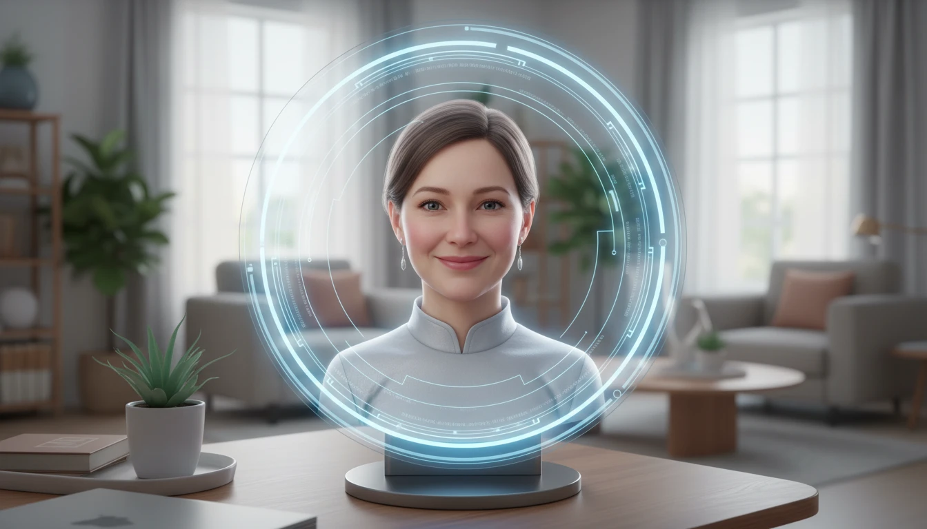 Friendly digital assistant on a screen representing the Smart House Cast for family technology