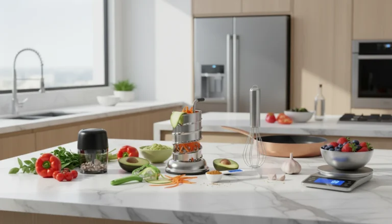A variety of unique kitchen gadgets like a spiralizer and smart scale on a marble countertop.