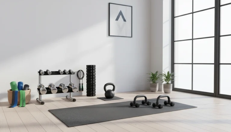 Modern living room home gym featuring essential fitness accessories for home like dumbbells and yoga mats.