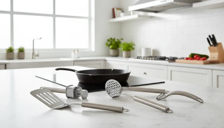 Stainless steel spatula, garlic press, and other premium metal kitchen gadgets on a marble surface
