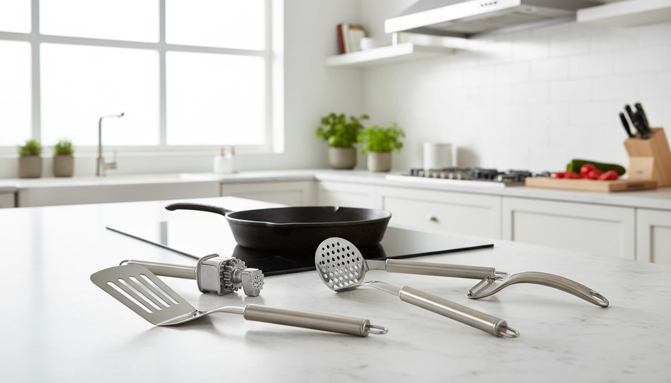 Stainless steel spatula, garlic press, and other premium metal kitchen gadgets on a marble surface