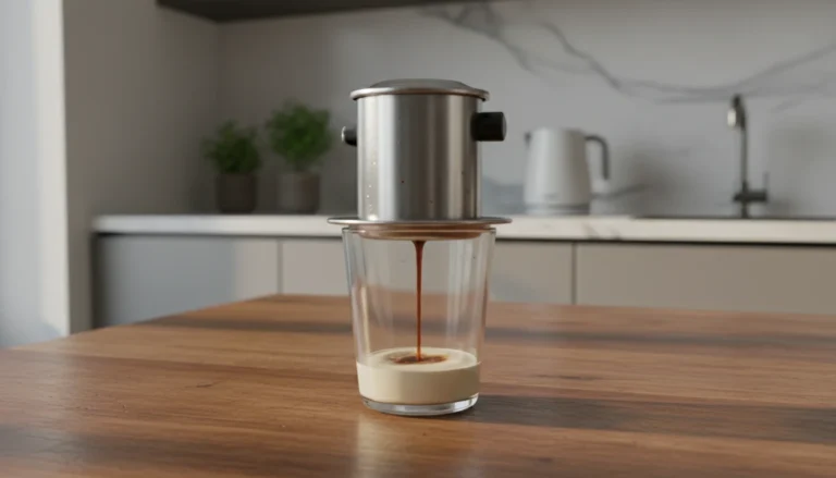 Vietnamese coffee maker phin filter dripping coffee into glass with condensed milk