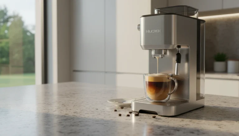 A modern stainless steel coffee maker with frother pouring creamy milk foam into a glass latte cup
