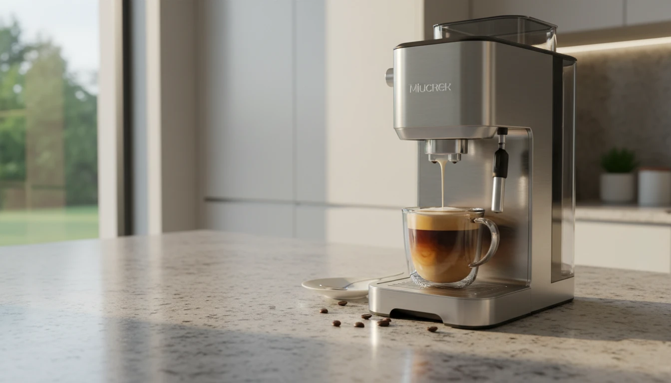 A modern stainless steel coffee maker with frother pouring creamy milk foam into a glass latte cup