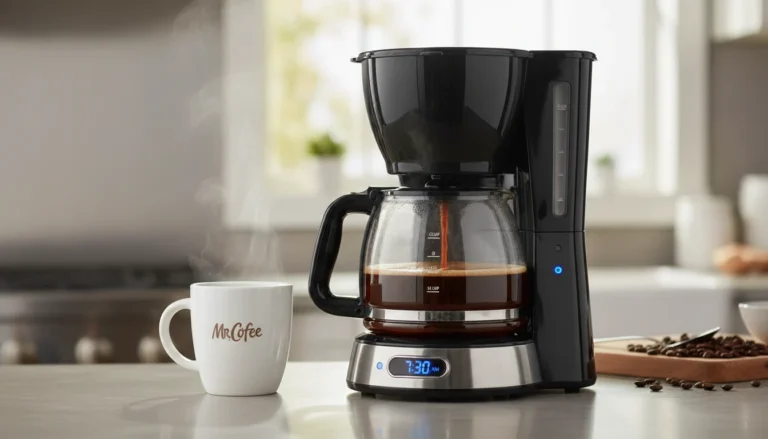 Black and silver Mr Coffee Maker 12 Cup showing the carafe and brewing basket on a kitchen counter.