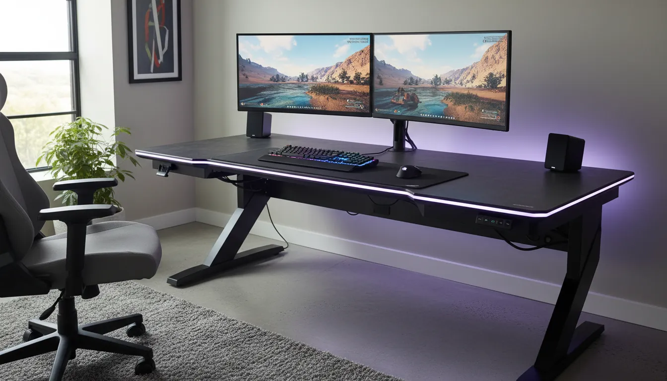 A modern Secretlab Magnus Pro XL Gaming Desk setup with dual monitors and RGB lighting