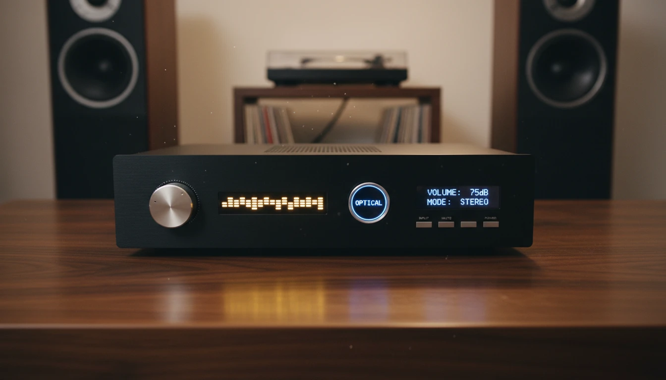 Modern high-end home audio amp review showing a premium amplifier with LED lights on a wooden desk.