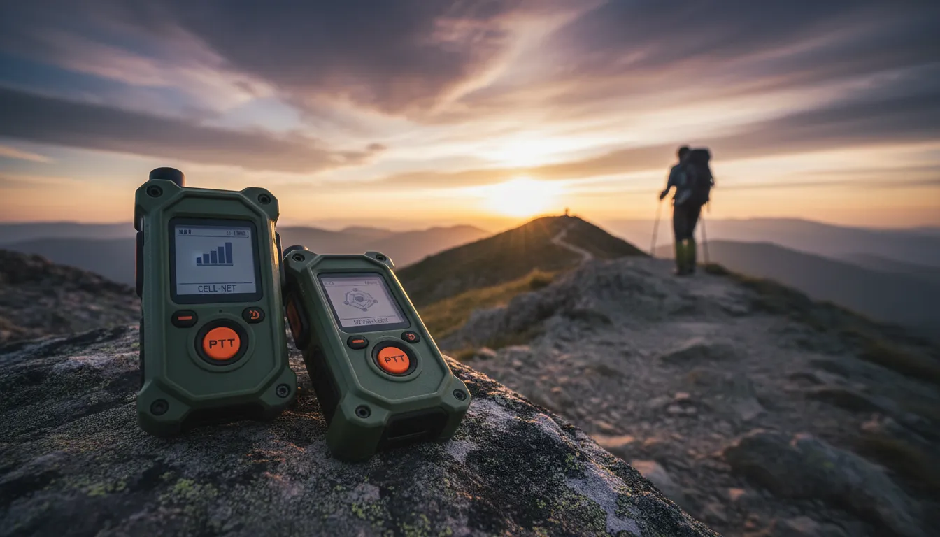 Rugged walkie-talkies on a rocky mountain overlook for Rapid Radios Reviews