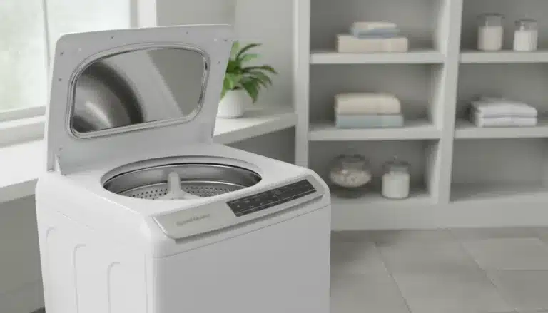 Interior of a Speed Queen top loading washer showing stainless steel tub and agitator.