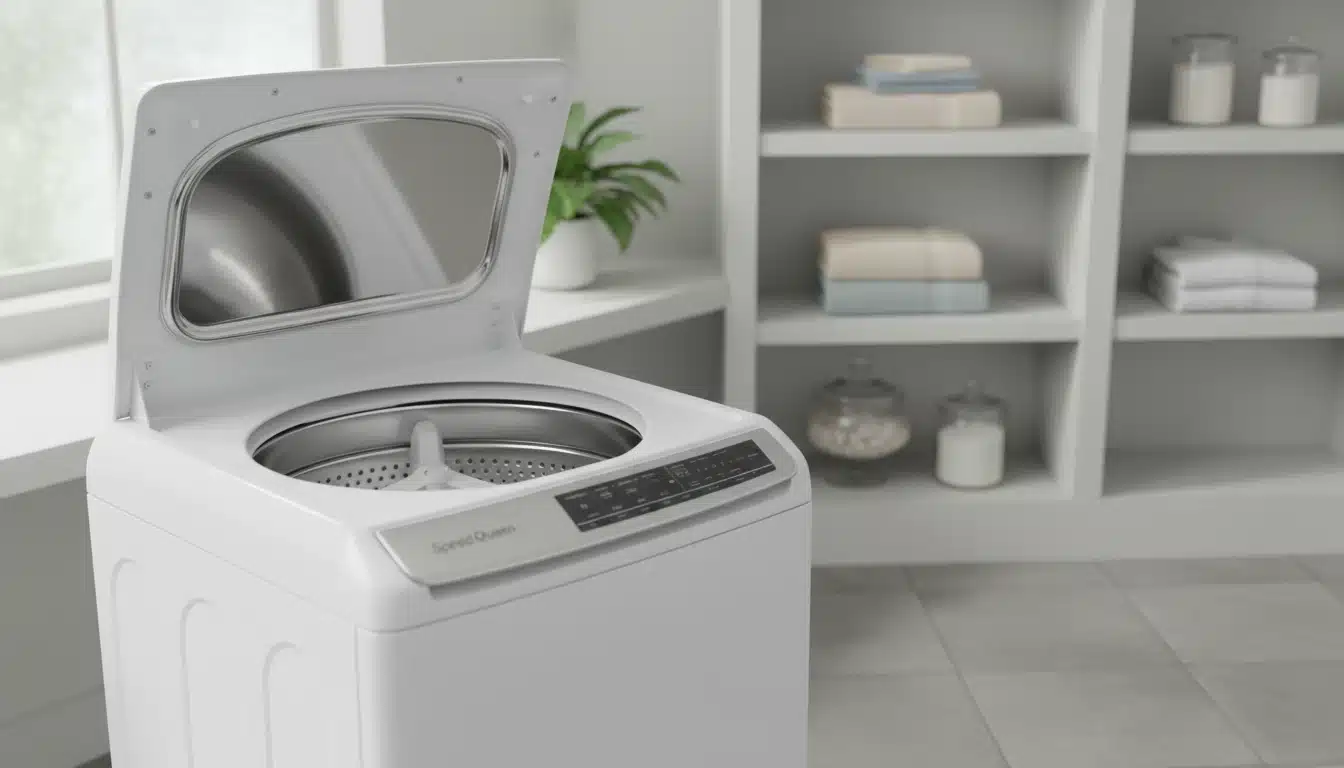Interior of a Speed Queen top loading washer showing stainless steel tub and agitator.