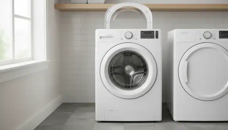 Top-loading Speed Queen washer in a modern laundry room with stainless steel tub visible.