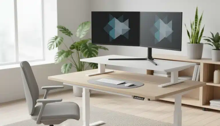 Modern home office setup showing what is a riser desk with dual monitors on a white adjustable stand.