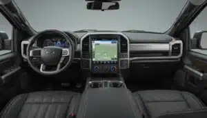 Interior view of 2026 F-150 smart tech features including SYNC 4 touchscreen and BlueCruise.
