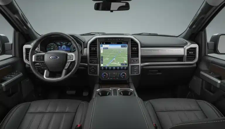 Interior view of 2026 F-150 smart tech features including SYNC 4 touchscreen and BlueCruise.
