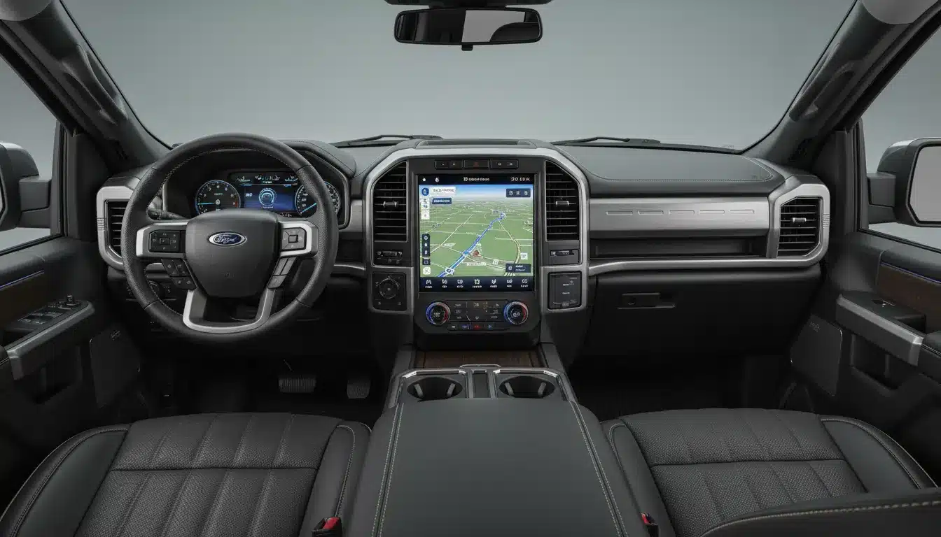 Interior view of 2026 F-150 smart tech features including SYNC 4 touchscreen and BlueCruise.