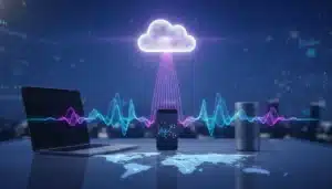 Digital sound waves flowing from devices to a glowing cloud icon, representing cloud connected audio.