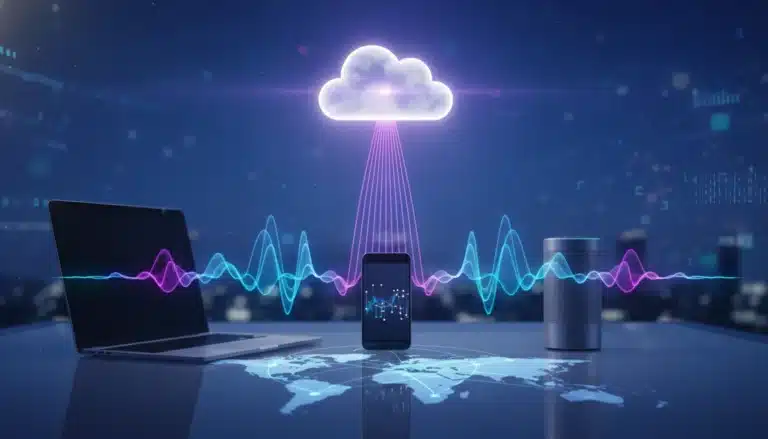 Digital sound waves flowing from devices to a glowing cloud icon, representing cloud connected audio.