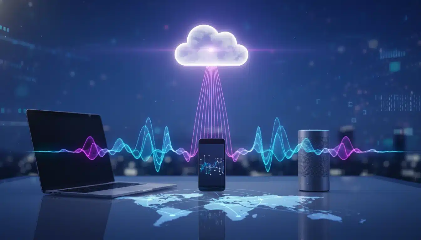 Digital sound waves flowing from devices to a glowing cloud icon, representing cloud connected audio.