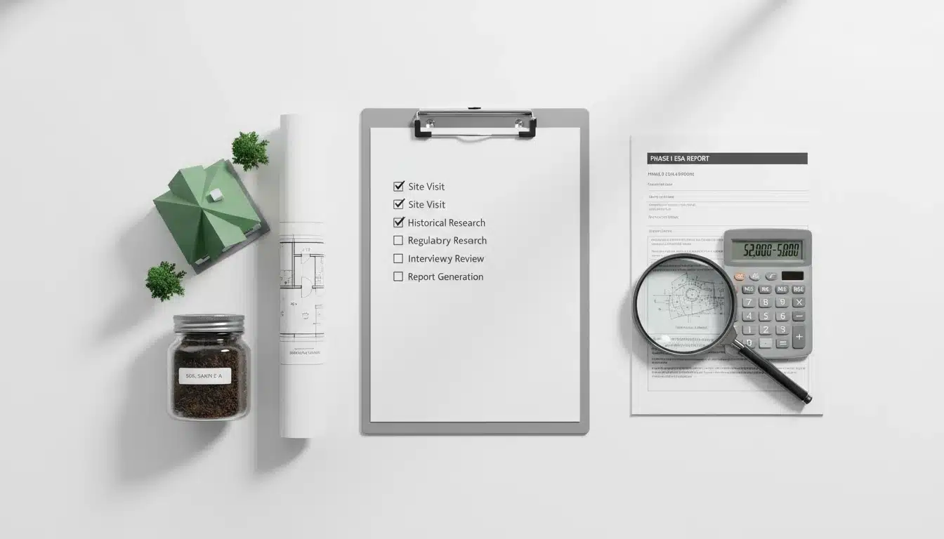 Tools and calculator showing the average phase 1 environmental site assessment cost on a white background