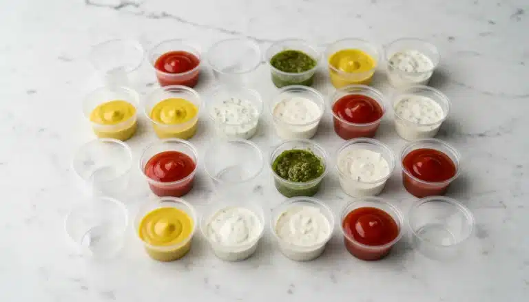 Clear 1 oz cup plastic portion containers with condiments on a white marble surface.